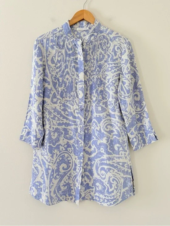 Coldwater Creek Linen Tunic Dress Blue White Paisley Print Pintuck Size M - Picture 1 of 13